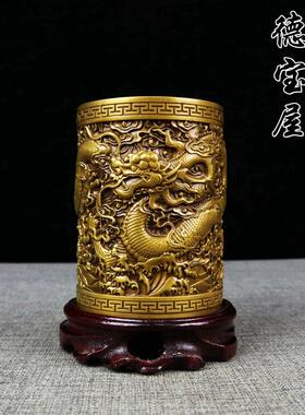 古玩铜器纯铜盘龙笔筒桌面摆件工艺品艺术品笔筒书房用品家居摆放