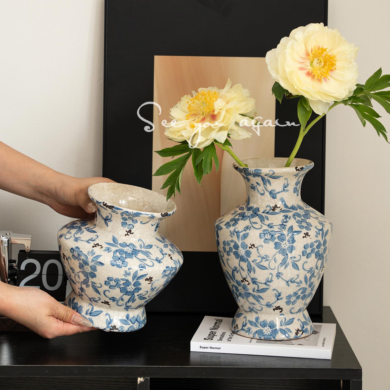 花瓶高级感中式陶瓷水培芍药鲜花客厅插花摆件复古青花瓷餐桌装饰