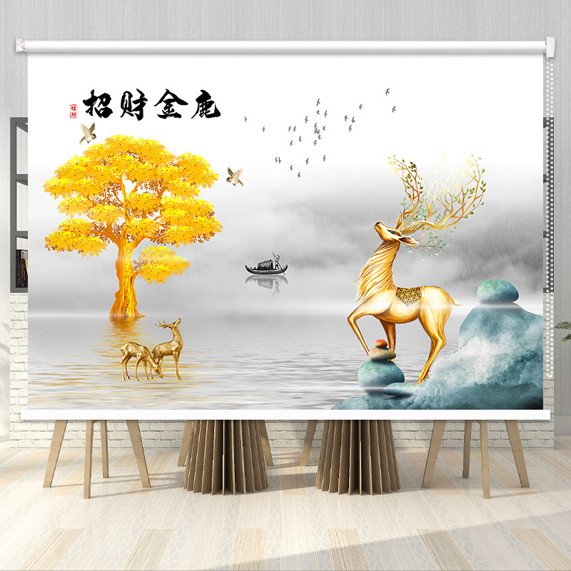 卷帘定制山水意境画窗帘办公室客厅卧室卫生间遮光防水手拉式升降