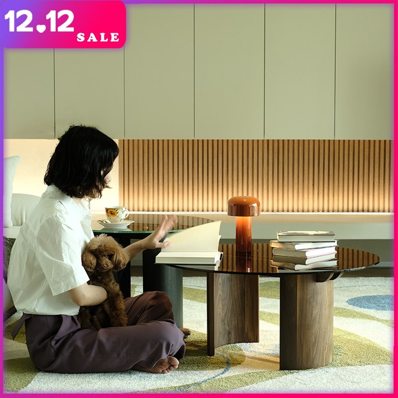 度仓钢化玻璃圆形茶几实柚木高低组合大小桌子阳台沙发飘窗边角几