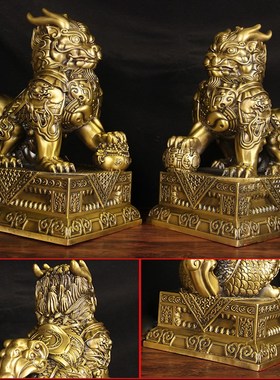 黄铜麒麟公母一对摆件装饰门E口玄关家居卧室客厅办公室
