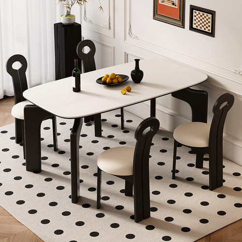 法式中古风实木岩板餐桌餐厅长方形餐桌复古风家用小户型吃饭桌子