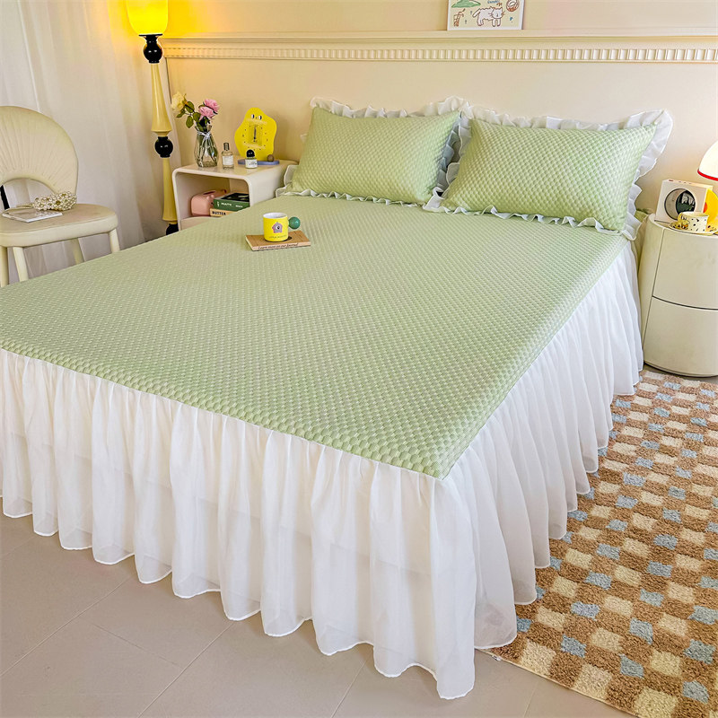 夏季冰丝凉席三件套冰豆豆床裙款公主蕾丝花边床罩可机洗空调软席