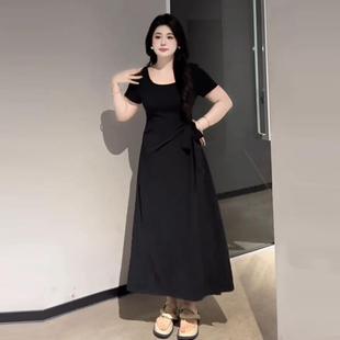 赫本风裙子 大码 设计感正肩短袖 连衣裙夏季 微胖mm显瘦收腰绑带法式
