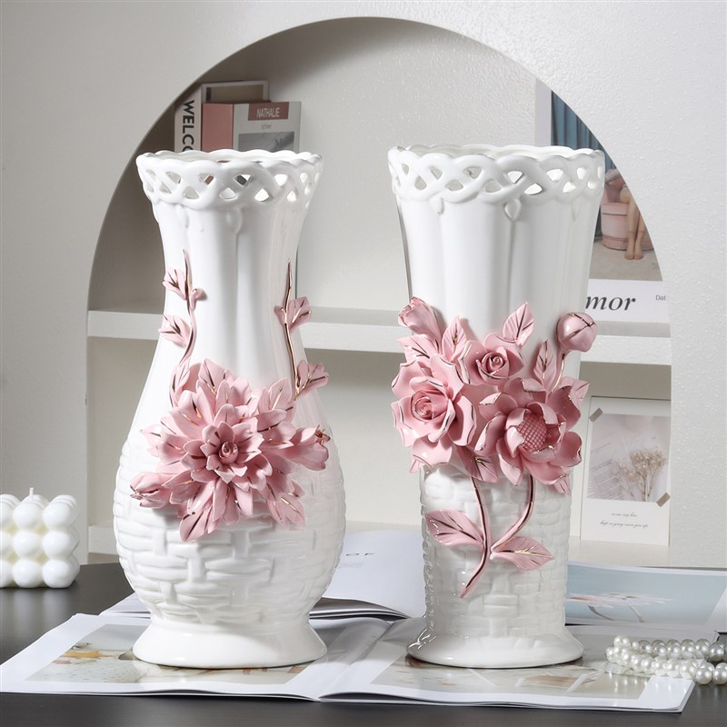 欧式浮雕手工捏花高级陶瓷花瓶送礼佳品客厅摆件水Y培鲜花装饰品