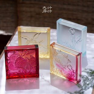 汁汁文房 浮翠流丹 古法手工琉璃盒双面浮雕带盖多用盒 文房四宝