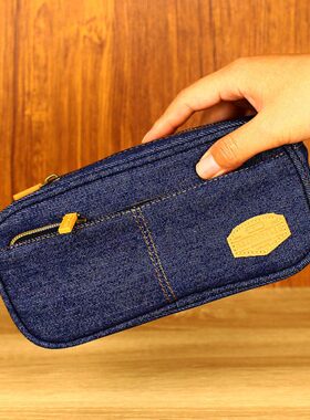 SL学生双层帆布双文具袋简约尤斯隆大容量笔袋牛仔拉链收纳袋UON