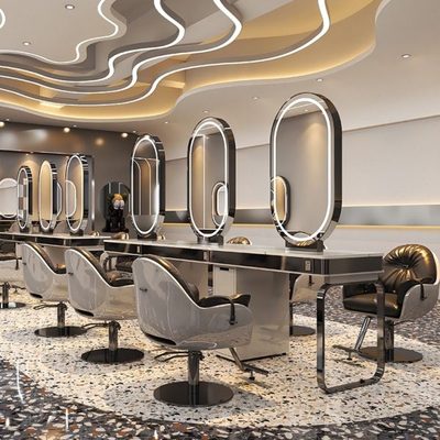 网红理发店镜台发廊专用单面双面大理石美发镜子带柜子剪发烫染桌