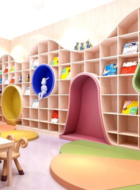 简约整墙设计儿童区书架幼儿园绘本馆阅读室展厅展架弧形拱门书柜