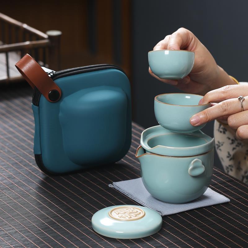 汝窑简约旅行茶具快客杯套装便携包便携式一壶两杯户外单人泡茶器