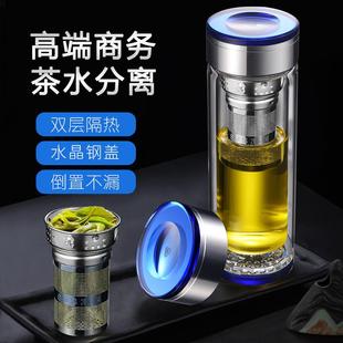 高档防爆泡茶杯车载杯子 蓝色水晶玻璃杯双层家用加厚隔热水杯男士
