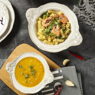 复古陶瓷盘浮雕平盘菜盘子宫廷风双耳沙拉碗汤碗牛排盘椭圆盘 欧式