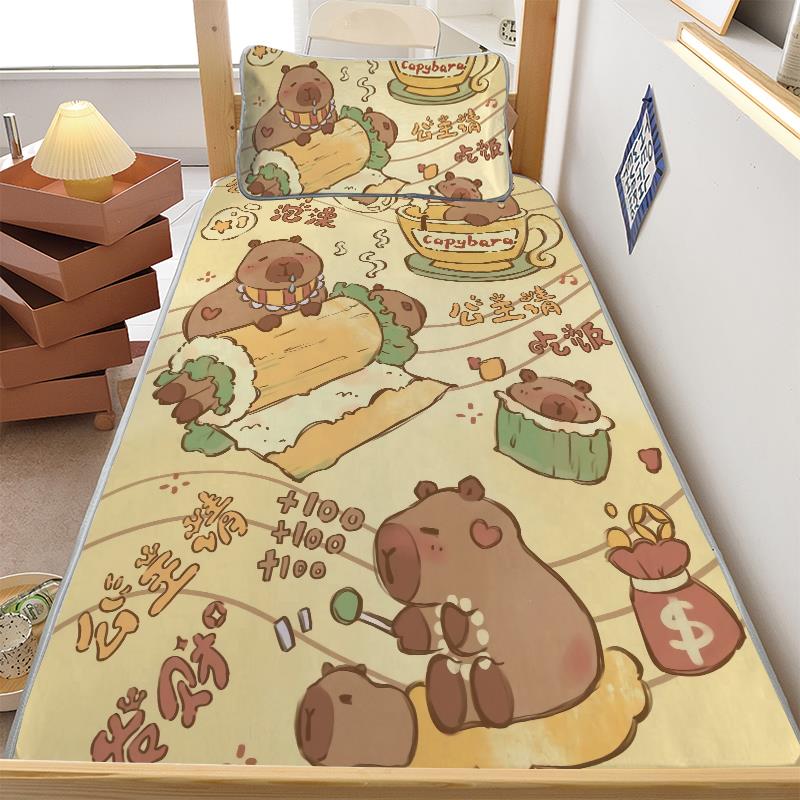 夏季卡皮巴拉冰丝席学生宿舍可爱水豚单双人床笠凉席可机洗三件套