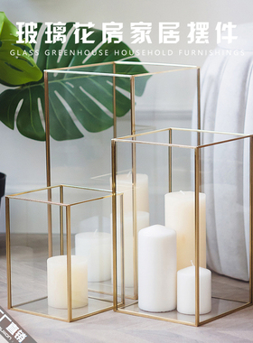 现代简约长方形几何玻璃灯罩浪漫蜡烛烛台餐厅咖啡厅室内装饰摆件