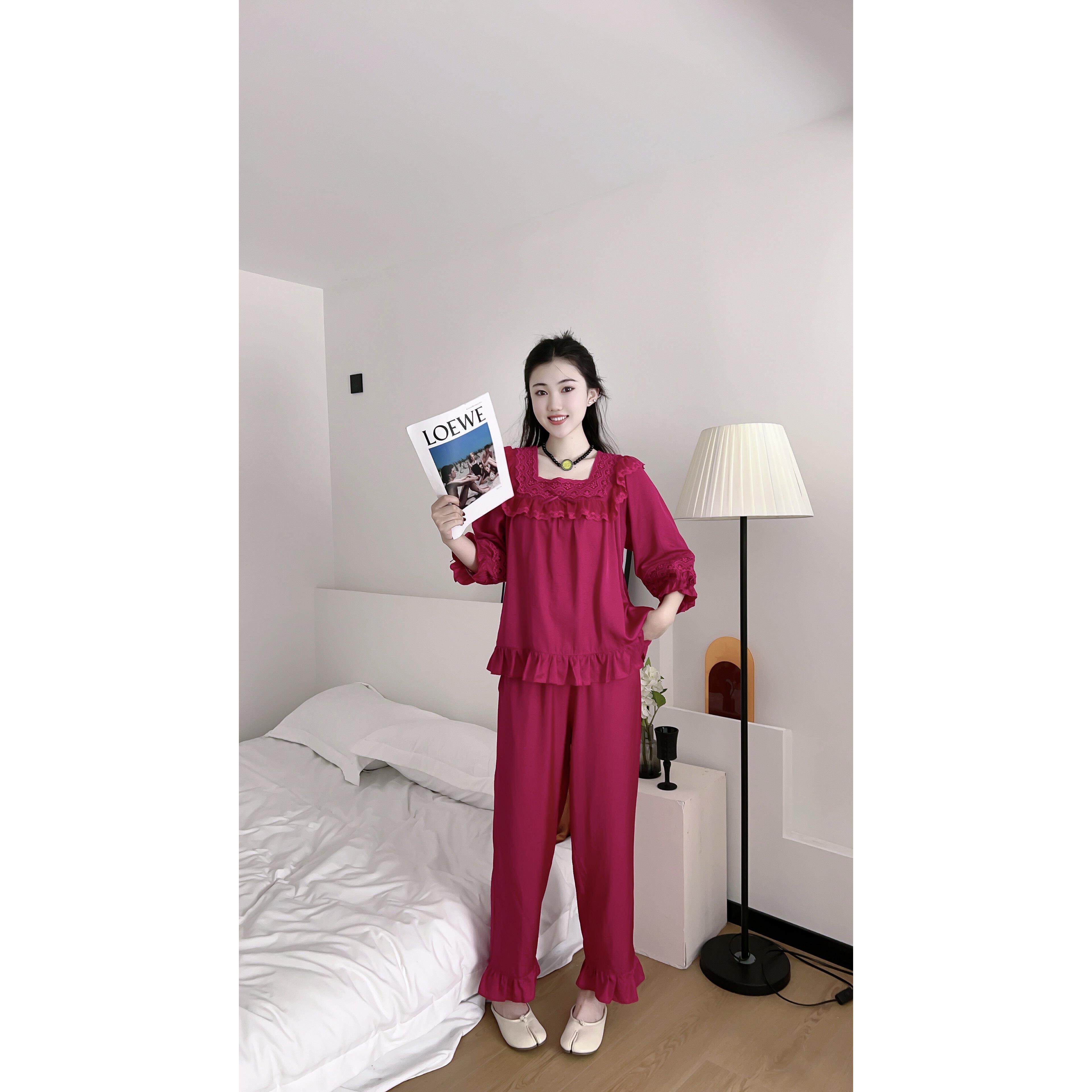 天丝麻蕾丝睡衣女士春秋季火龙果长袖裤秋款公主风绣花套装家居服