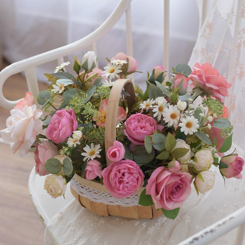 北欧覆古粉手提花篮插花干 干燥花束彷真花客厅摆件假花餐桌花轻