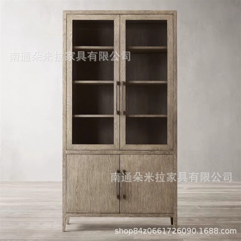美式实木书柜高端乡村复古餐边柜客厅收纳储物柜做旧单双组书橱