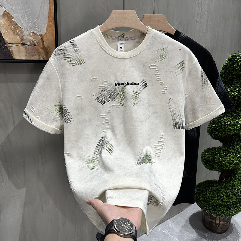 重磅提花破洞潮牌短袖t恤男士