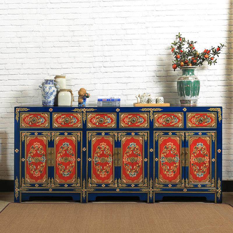 实木彩绘餐边柜中式复古手绘家具门厅玄关柜餐厅装饰柜餐具收纳柜