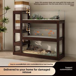 实木置物架客厅多层鱼缸架底座柜承重中古风高低组合架子落地花架