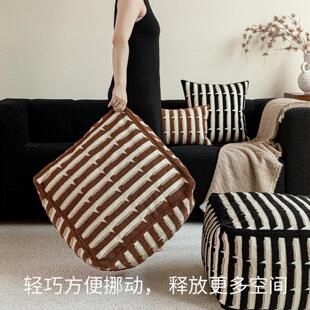 中古风黑色咖色条纹立体浮雕绣客厅坐墩脚凳懒人沙发蒲团坐垫墩子