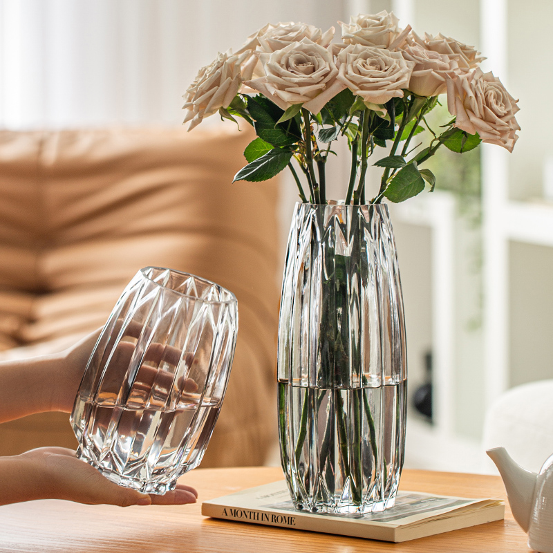 竖棱花瓶矮款摆件客厅透明玻璃水B培插花鲜花小网红轻奢高级感创