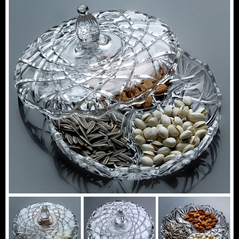 欧式现代创意带盖透明水晶玻璃分格干果盘过年坚果客厅家用干果盒