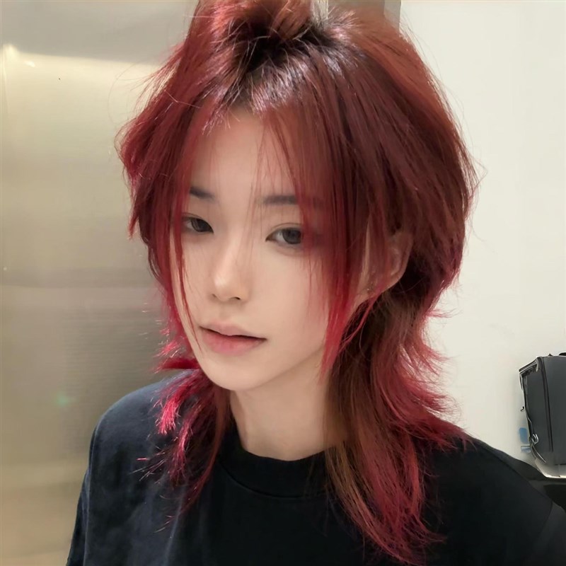 狼尾假发女树莓红鲻鱼头中性中长发日系层次感酒红色套自然全头套
