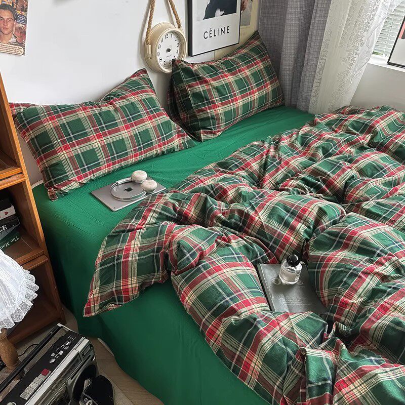 苏格兰式ins风格子全棉纯棉色织水洗棉四件套床品三件套枕套床单
