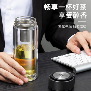 万象双层玻璃杯加厚大容量水杯男女士户外便携提环杯家用泡茶杯子