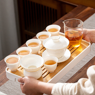 家用会客简约陶瓷盖碗茶杯茶壶旅行便携收纳 德化白瓷功夫茶具套装
