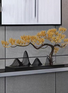 新中式金属迎客松摆件玄关桌面铁艺松树雕塑酒店前台售楼处招财树