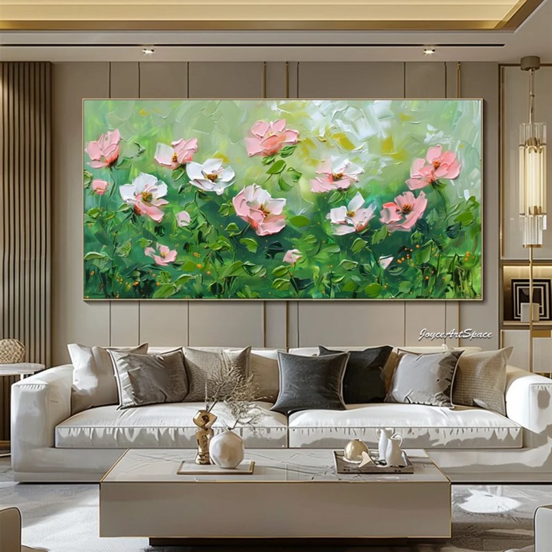 大芬村手绘油画抽象花卉肌理厚油立体客厅装饰画轻奢卧室横版挂画图片