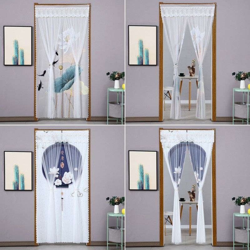 夏季防蚊免打孔门帘纱窗家用蕾丝布艺四季门帘粘贴双开卧室隔断帘