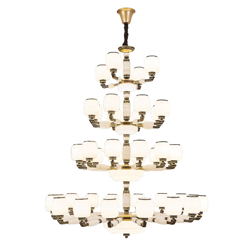 新中式复式楼别墅客厅中空大吊灯楼中楼挑空跃层大厅四五层楼梯灯