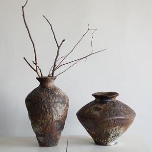 侘寂风陶瓷花瓶粗陶瓶插花复古怀旧手工民宿酒店禅意摆件