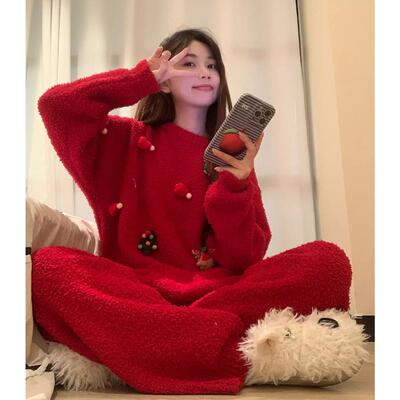 冬季2025耶诞节红色半边绒睡衣女冬本命年可外穿加厚珊瑚绒家居服