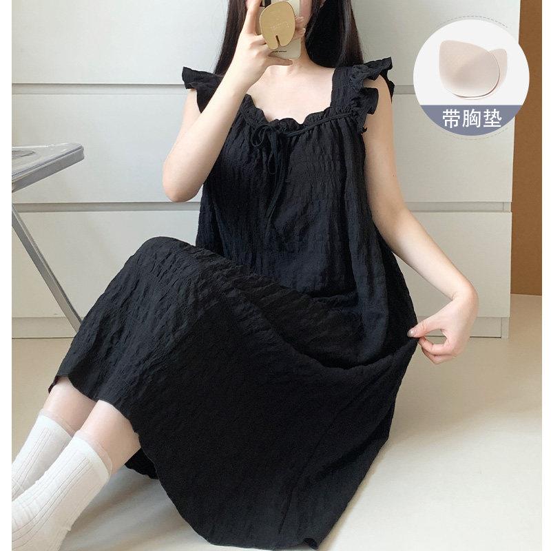 小飞袖带胸垫睡裙女款2026新款夏季云朵棉甜美黑色公主风吊带睡衣
