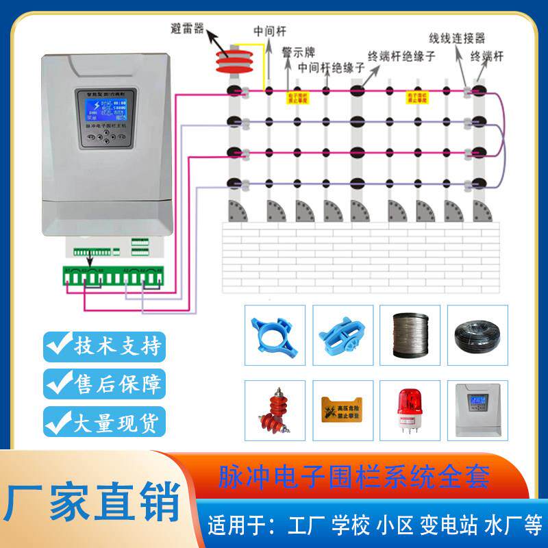 工厂小区别墅学校围墙防盗高压脉冲张力电子围栏主机配件系统全套