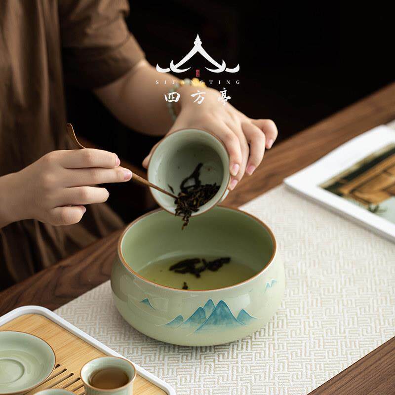 手绘釉下彩茶洗茶缸建水茶具盆轻奢高档景德镇茶盂水盂废水茶渣缸