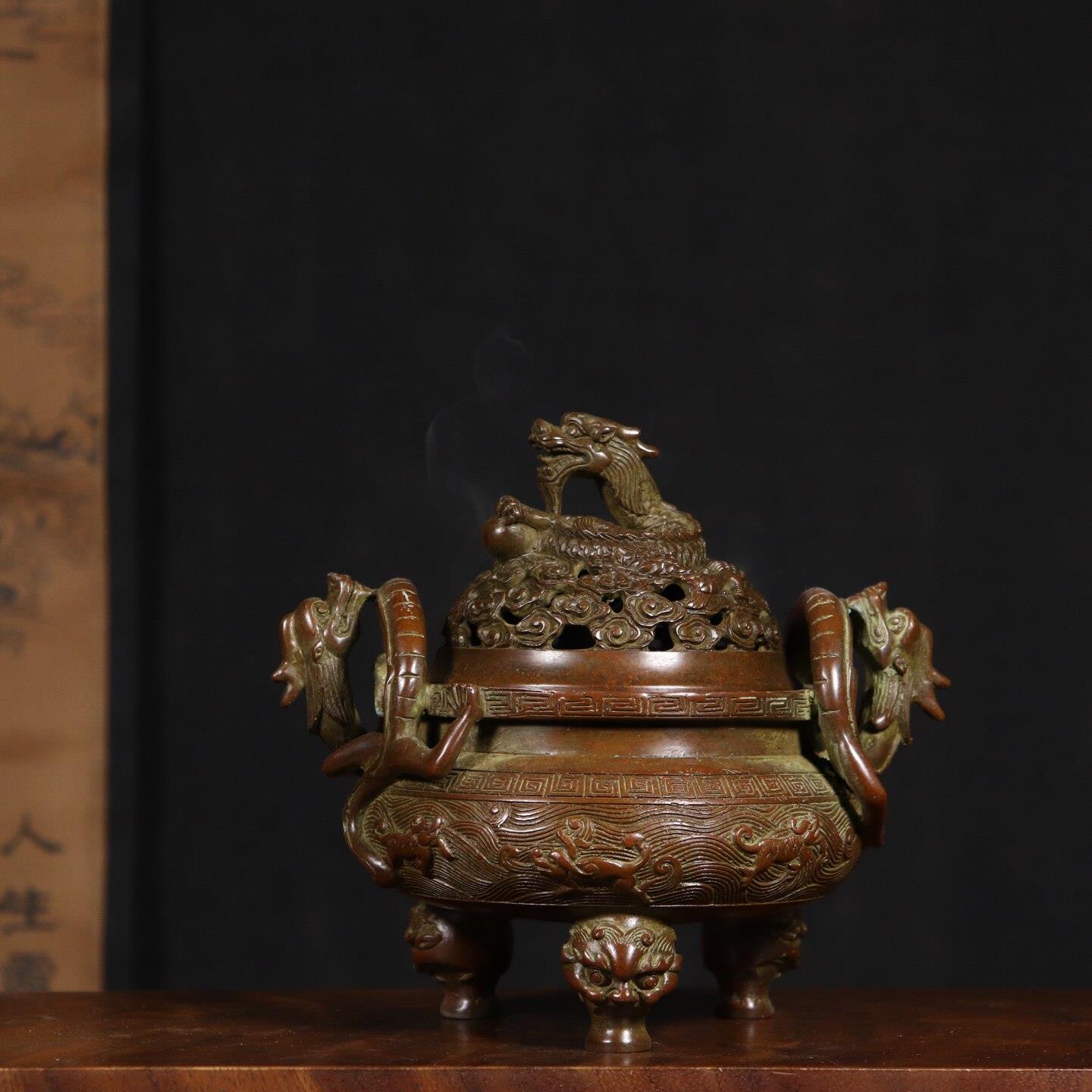 家用香炉苏工纯铜螭龙耳盘龙钮兽足薰炉三足鼎炉室内香道茶道摆件