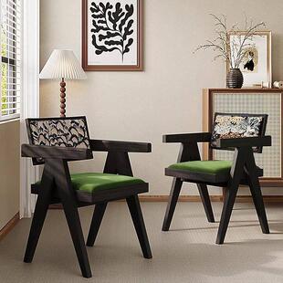 昌迪加尔椅实木中古侘寂风餐桌椅家用藤编复古白蜡木餐厅椅子茶椅