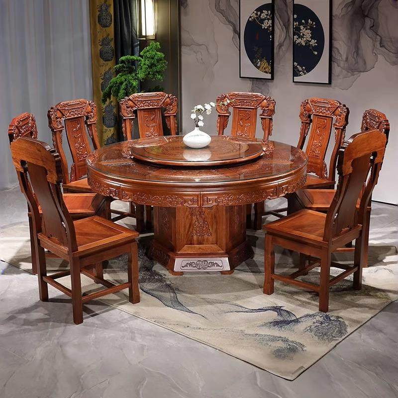 花梨木实木餐桌椅组合中式彷古雕花圆形家用饭桌酒店大圆桌带转盘