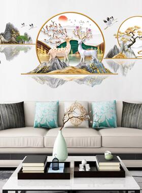 旅康CH69055福鹿双全A国风山水画家居自粘墙贴房间客厅墙面装饰画