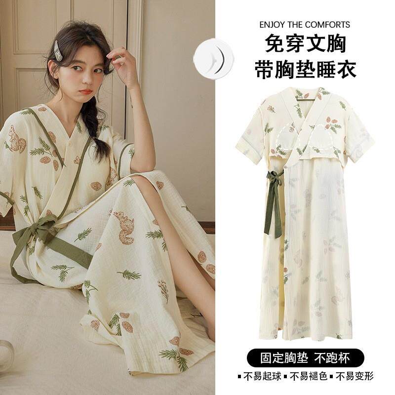 短袖睡裙带胸垫夏天睡袍酒店女款夏季成人棉质浴袍和服睡衣家居服