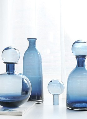 北欧蓝色灰色带盖玻璃瓶摆件花瓶样板房简约家居创意装饰绿色花器