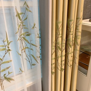窗帘刺绣高精密加厚遮光客厅成品卧室落地定制阳台 金色富贵竹中式