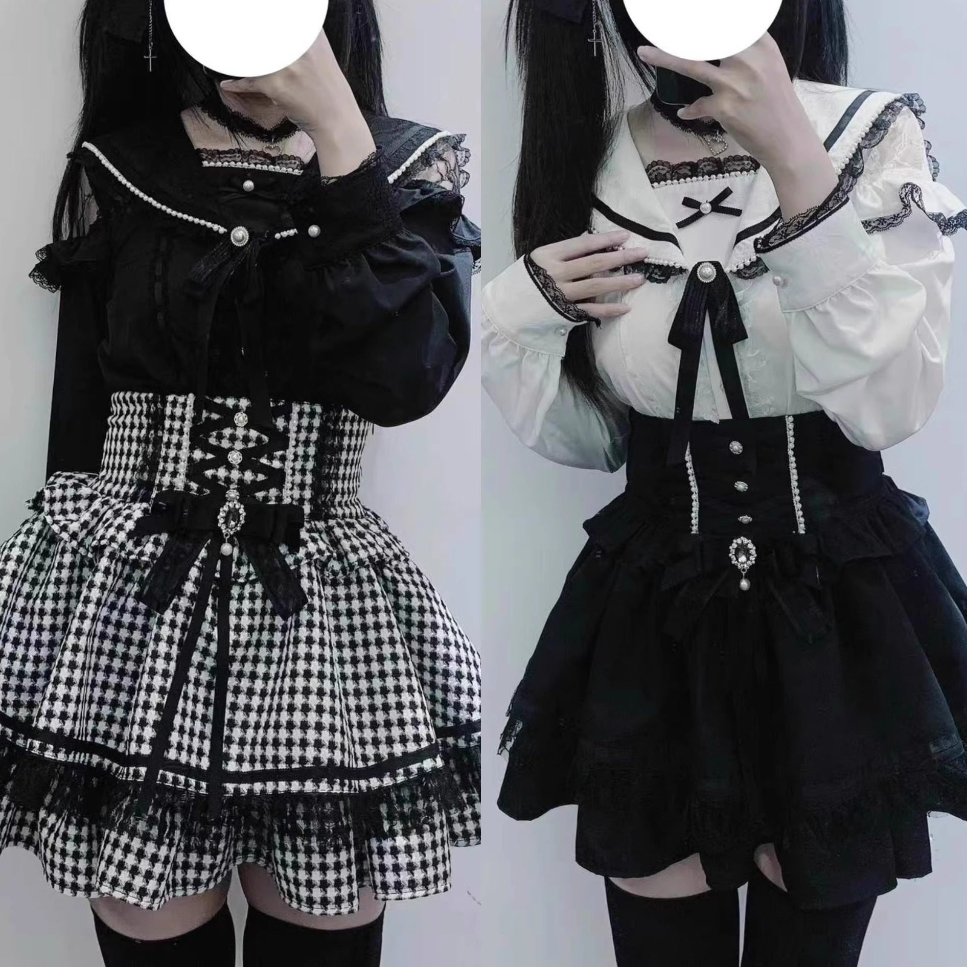 日单蕾系lizlisa风格量产型日系甜美蕾服蝴蝶结露肩上衣格子短裙