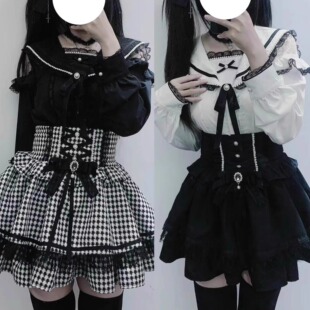 日单蕾系lizlisa风格 量产型日系甜美蕾服蝴蝶结露肩上衣格子短裙