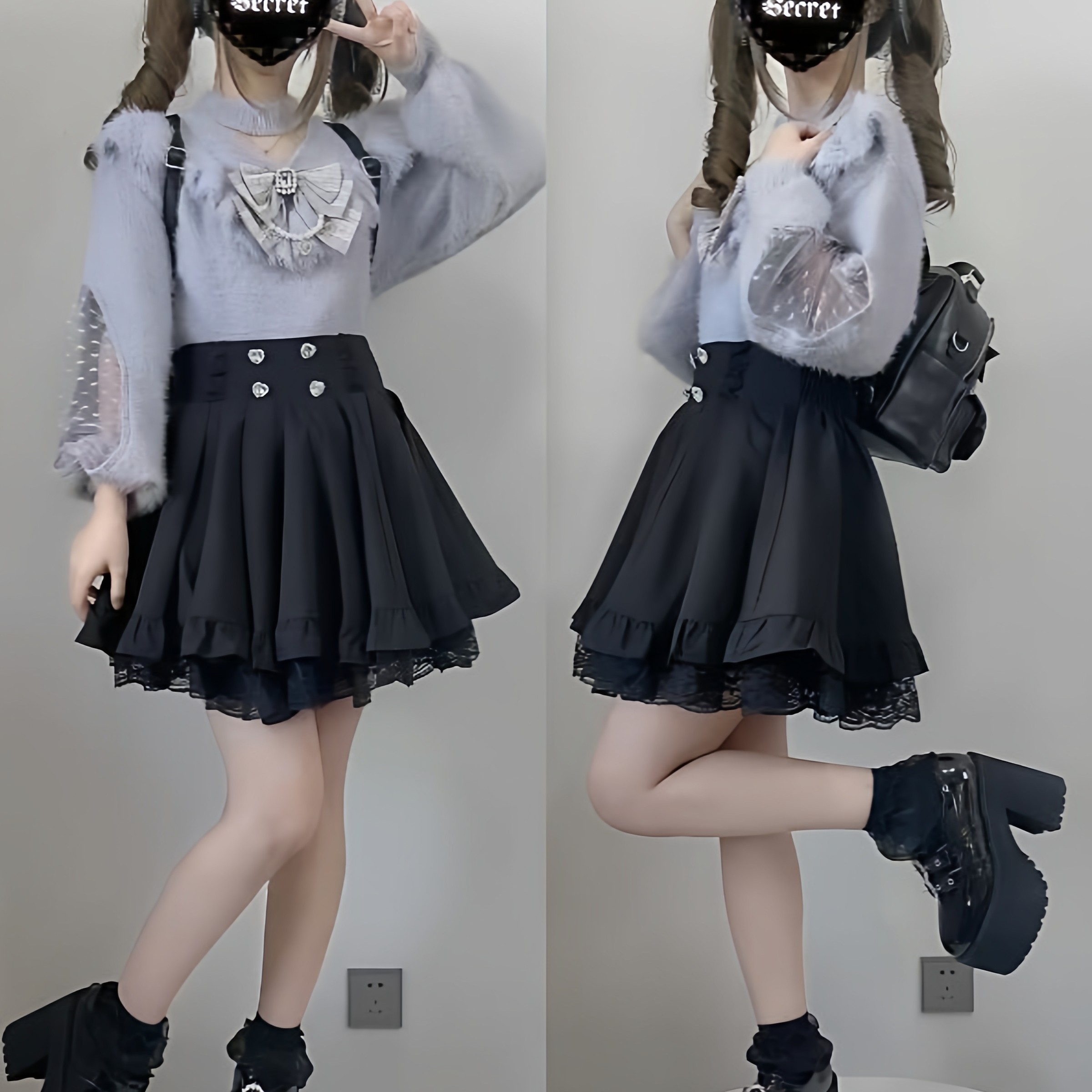 日单蕾系lizlisa风格量产型日系蕾服清楚系蝴蝶结蕾丝仿貂毛毛衣